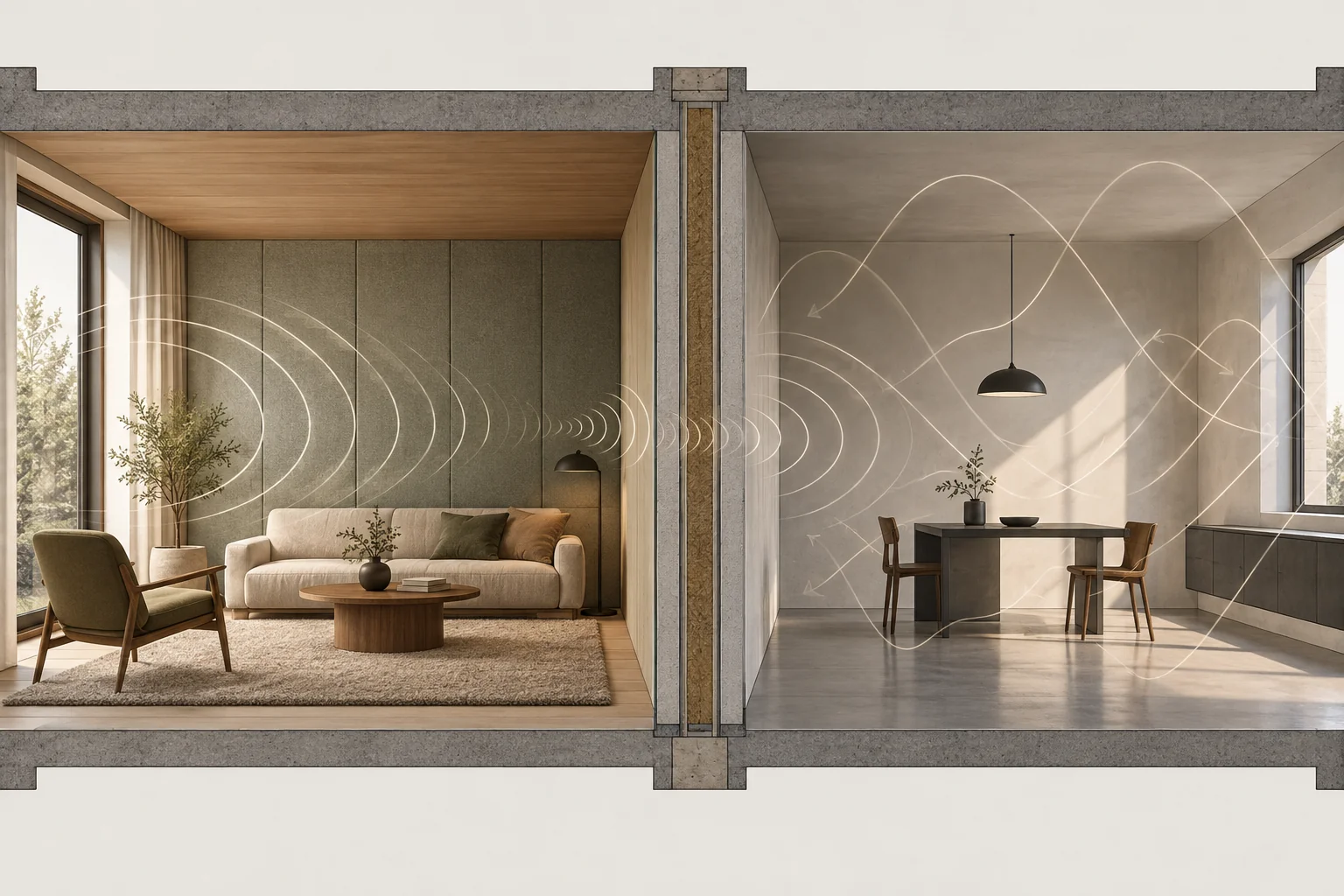 Interior conceptual con superficies y elementos de acondicionamiento acústico
