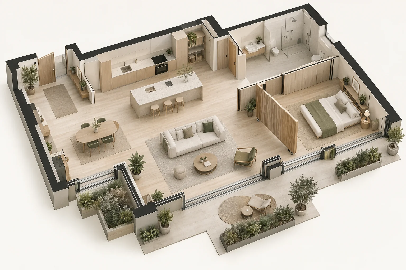 Vivienda conceptual con espacios adaptables y circulación despejada