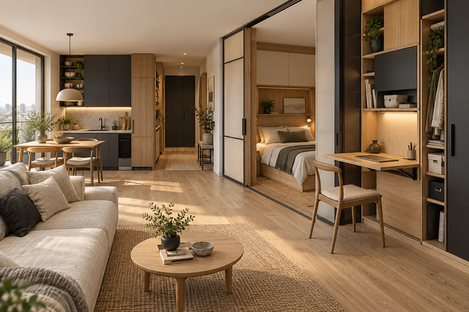 Vivienda compacta conceptual con mobiliario integrado