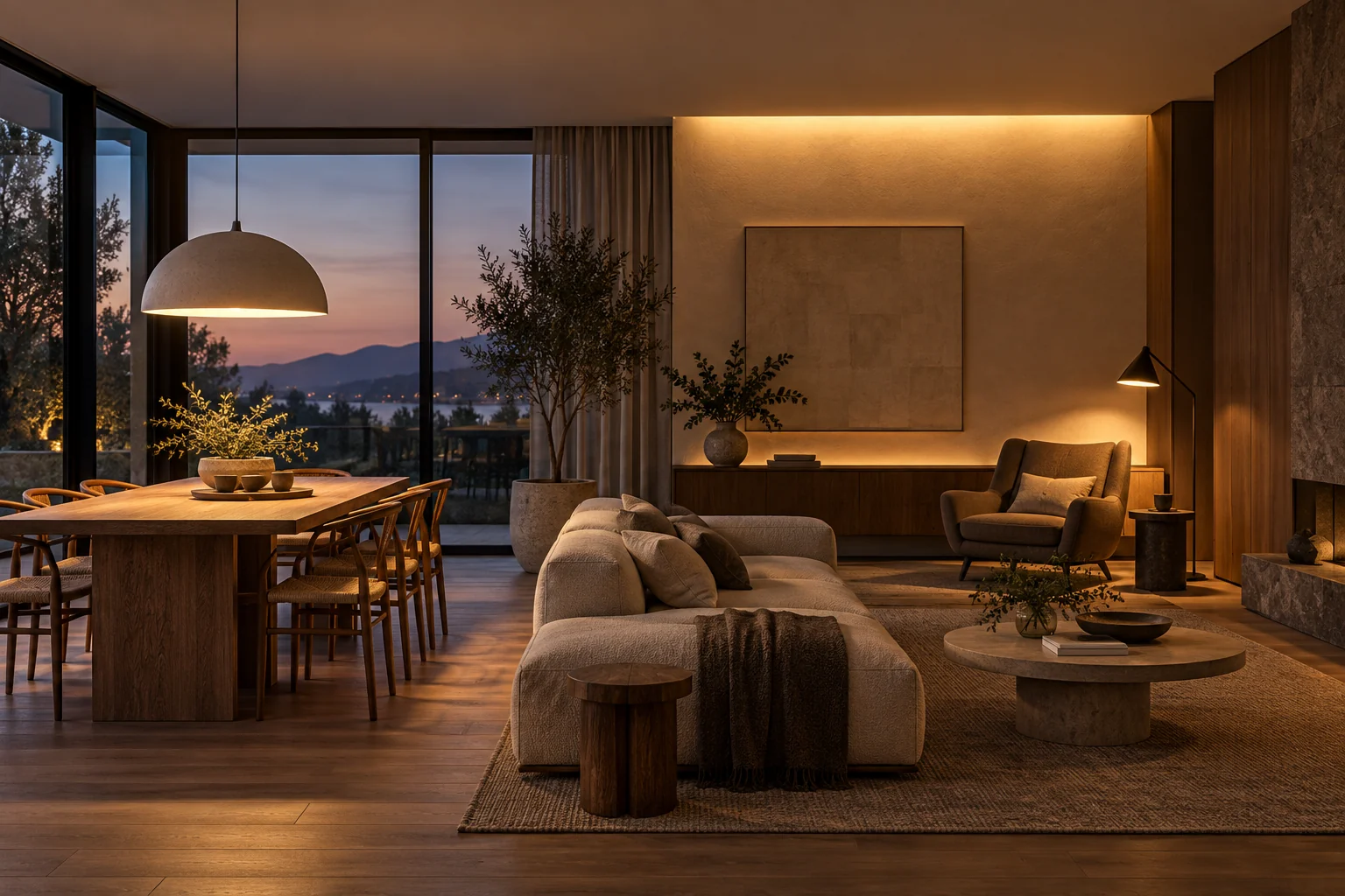 Interior conceptual con iluminación ambiental, puntual y de acento