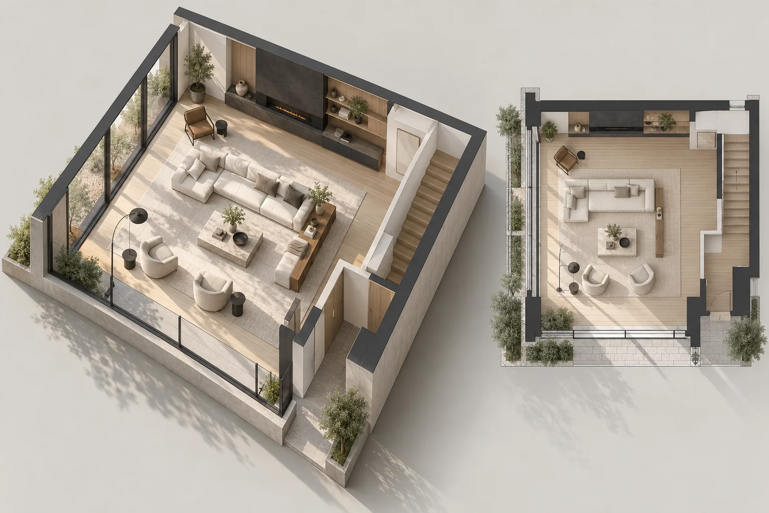 Axonometría conceptual de un interior junto a su planta