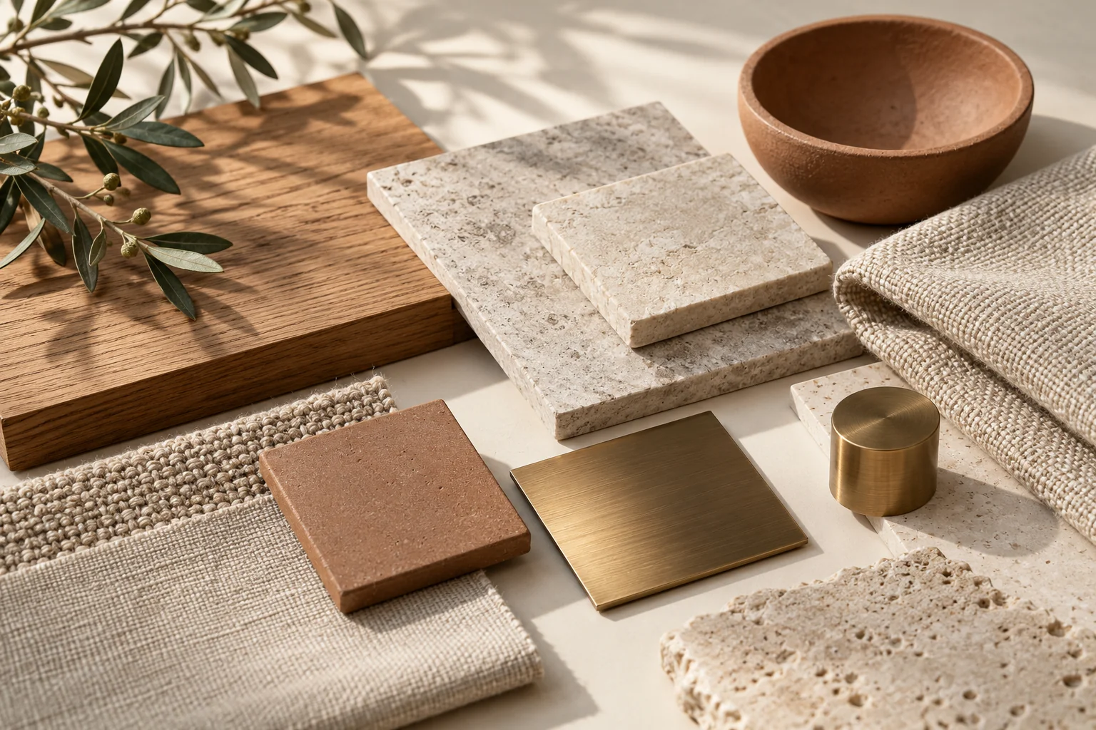 Composición conceptual de madera, piedra, tejido y metal
