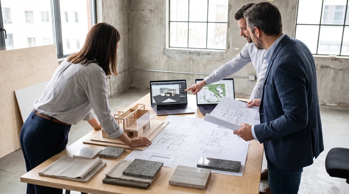 Personas revisando planos, una maqueta y un modelo digital de arquitectura